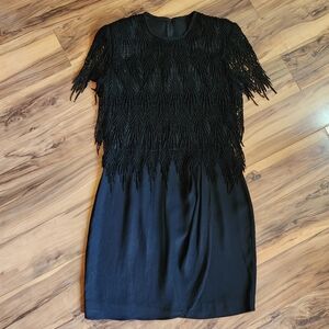 Vintage Night Way Collections Black Fringe Sheath Mini Dress Size 12